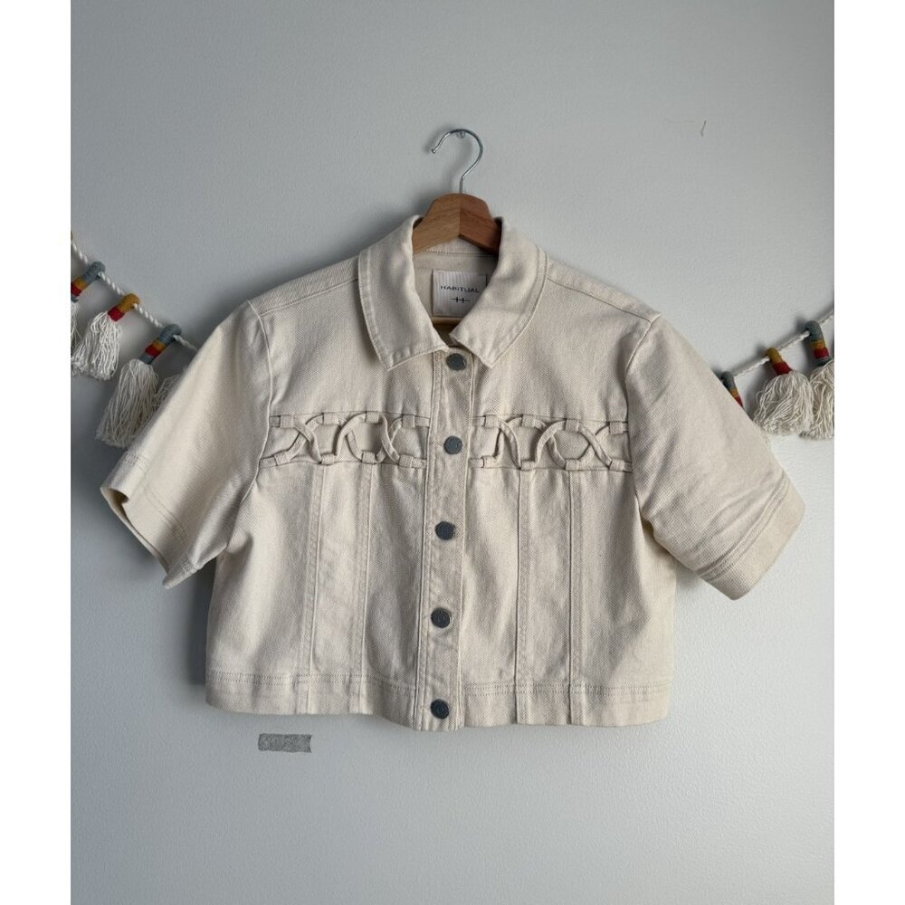 Habitual Braided Yoke Short Sleeve Denim Cropped Shacket Neutral Classic Boho M